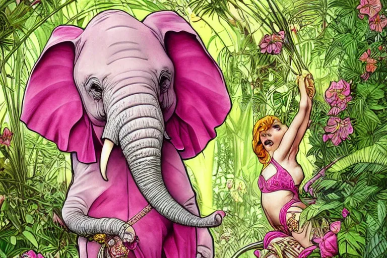 Image similar to cartoon elephant wearing a fuchsia bikini on a tightrope, thick jungle, luscious flowers, cute, fantasy, intricate, elegant, highly detailed, digital painting, 4k, HDR, concept art, smooth, sharp focus, illustration, art by artgerm and H R Giger and alphonse mucha