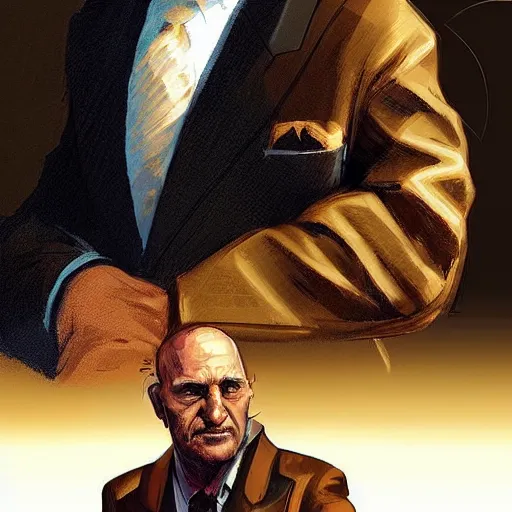 Prompt: “A portrait of a mafia boss in a golden suit, D&D sci-fi, artstation, concept art, highly detailed.”