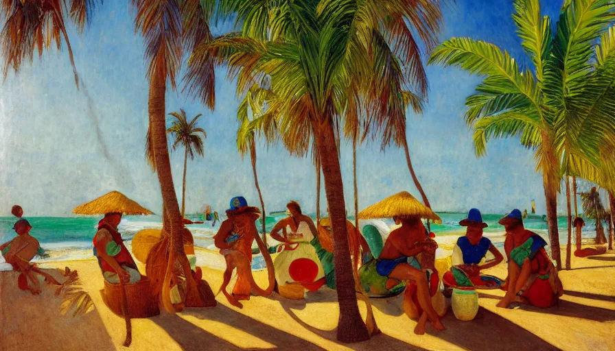 Prompt: a brazilian nordeste kitchen designed by jules bastien - lepage, tarsila do amaral, frank weston and gustave baumann, beach, trending on artstation, mediterranean, palm trees, sharp focus, colorful refracted sparkles and lines, soft light, 8 k 4 k