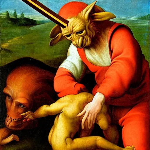 Image similar to simple renaissance painting of a goblin being slain by a sword, colorful