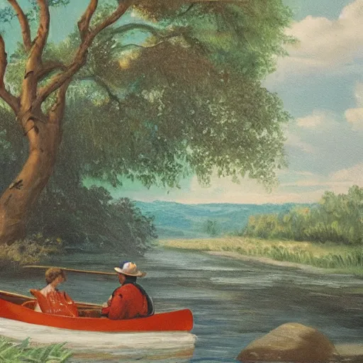Prompt: A map of the State of Missouri, the map shows two people in a canoe on a river, oil painting.