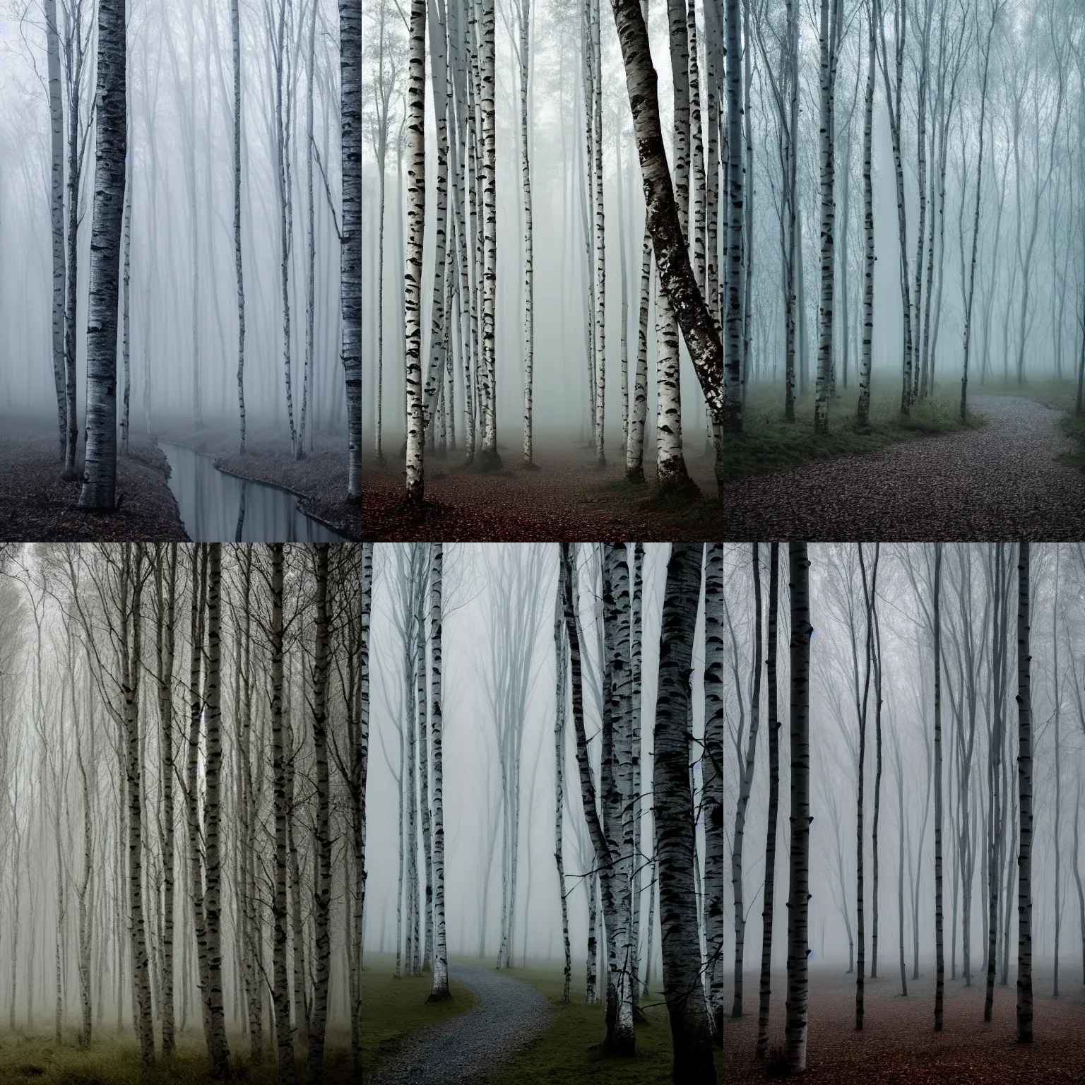 Prompt: a foggy silver birch forest crossed by a stream photographed by Nigel Danson, cold color palette, moody, calm, 4k, high quality