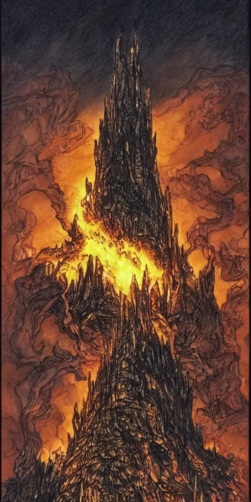 Image similar to a dark tower on fire upon a hill surrounded by a dark forest , high fantasy, drawn by Kentaro Miura, Tarot card, tarot card the tower