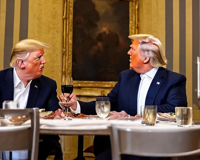 Image similar to Trump and Biden having dinner at a fancy Greek restaurant, award winning cinematic photography, 50 mm, blurred background, trending on twitter