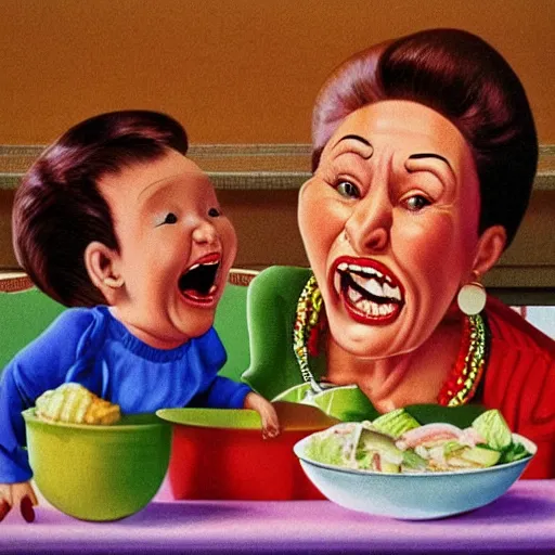 Prompt: hyper realistic hight detailed grandmother with a big mouth eating a baby on the table in the russian kitchen on the wall hangs a rug, style by hiroshi nagai, bright colors