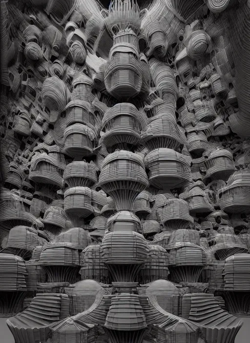 Image similar to highly detailed surreal vfx portrait of a 3 d brutalist landscape of stacks of recursive speakers, polyphonic ecstacy, ornate, hyperrealistic, octane render, chiaroscuro, inspired by james jean, android jones, beeple, rhads, alphonse mucha, frostbite 3 engine