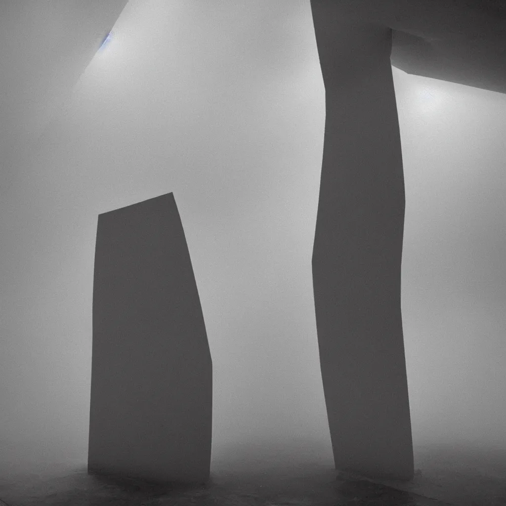 Prompt: abstract sculpture in dramatic lighting mist ilford film