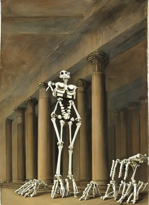 Image similar to a mecha robot inside a Greek temple filled with bones, Greek temple, Daguerrotype, Francis Bacon Painting