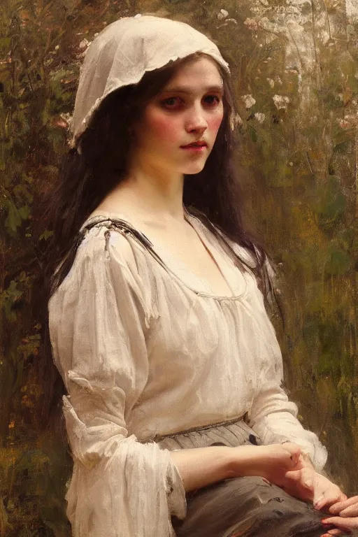 Image similar to Solomon Joseph Solomon and Richard Schmid and Jeremy Lipking victorian genre painting full length portrait painting of a young beautiful woman medieval witch