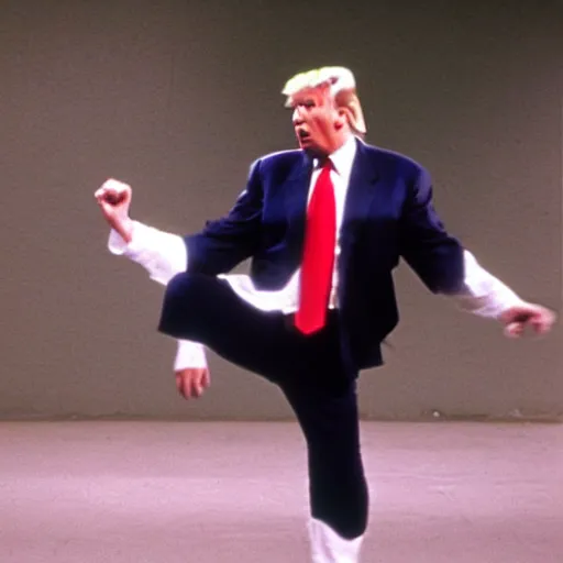 Image similar to still of donald trump as the karate kid, crane kick