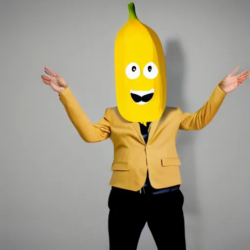 Image similar to a person with a banana head wearing a business suit