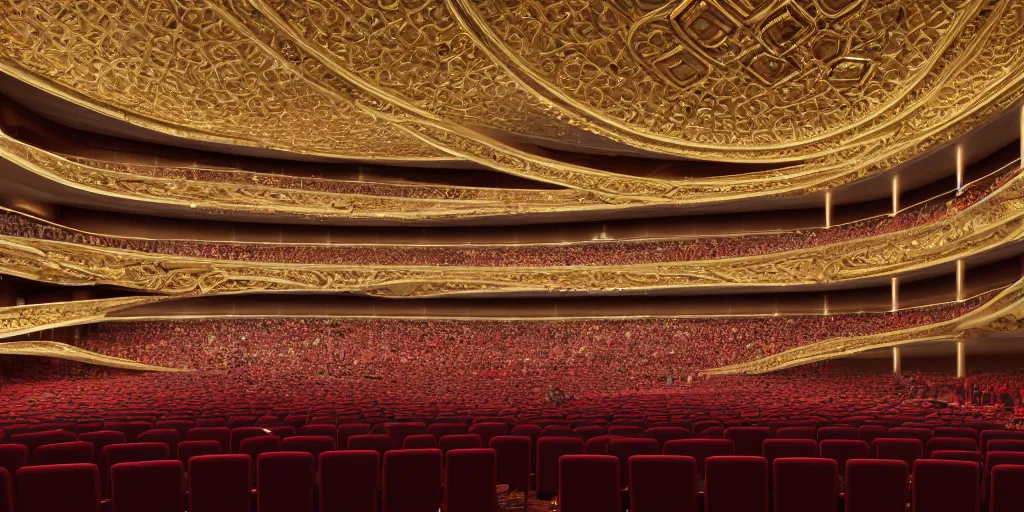 Prompt: interior view of an elaborate and opulent modern opera house, 4k octane render, detailed, extreme detail, cinematic, soft lighting, vfx