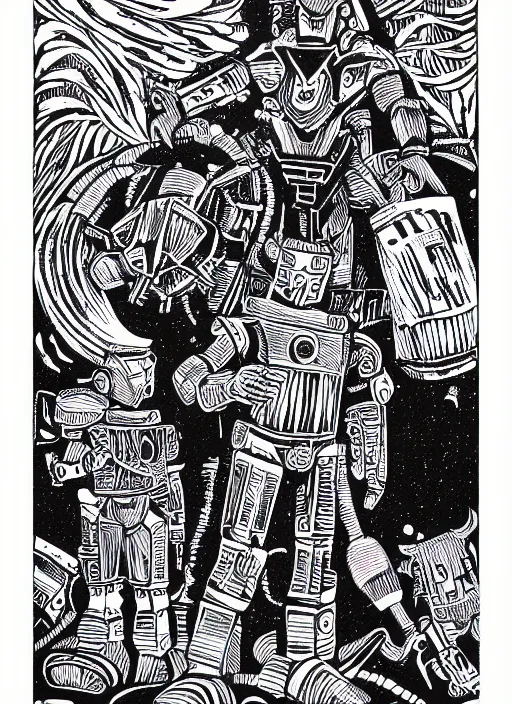 Image similar to !dream warrior robots by Julie de Graag, linocut print