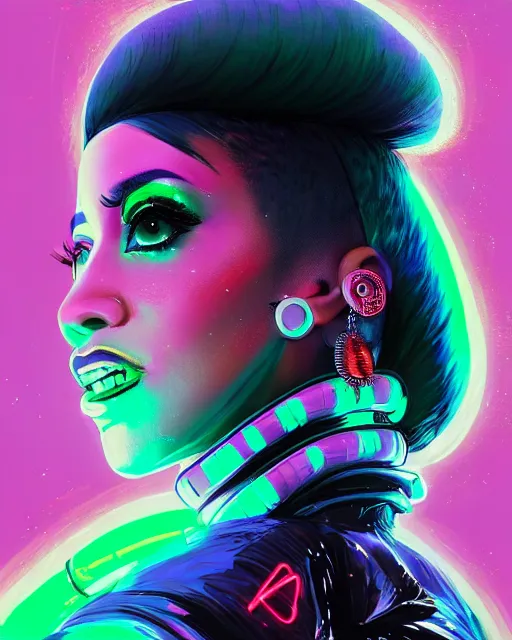 Image similar to detailed side profile portrait of Cardi B, cyberpunk futuristic neon, reflective puffy coat, decorated with traditional Japanese ornaments by Ismail inceoglu dragan bibin hans thoma greg rutkowski Alexandros Pyromallis Nekro Rene Maritte Illustrated, Perfect face, fine details, realistic shaded, fine-face, pretty face