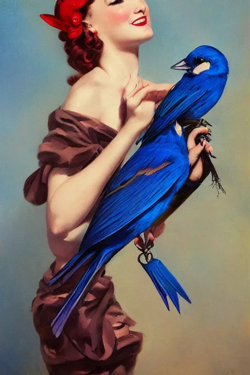 Prompt: pinup girl holding an indigo bunting, bird, the bird is wearing a bowtie by greg rutkowski, rossdraws, gil elvgren, enoch bolles, anime, porcelain skin, glistening, very coherent, hyper realistic painting