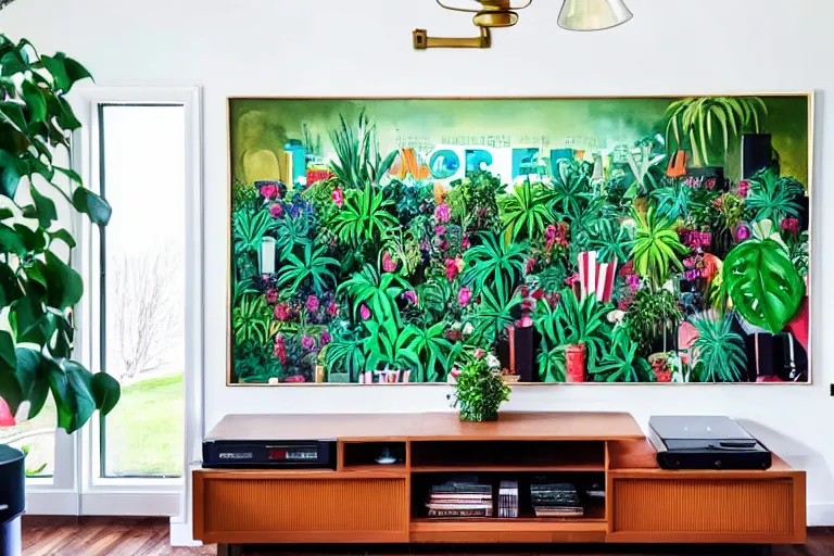 Image similar to very wide angle view, a modern home movie theater with big screen, stylish wall sconces, old popcorn machine!, movie posters on the wall!, plants very happy and cozy, interior designed by kelly wearstler, rough watercolor painting