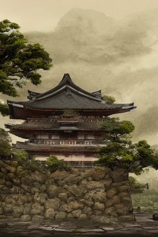 Prompt: detailed digital painting of old, ruined, japanese fort from sengoku period, overcast weather, environment concept art, photobash, overcast weather, unreal engine render, nanite