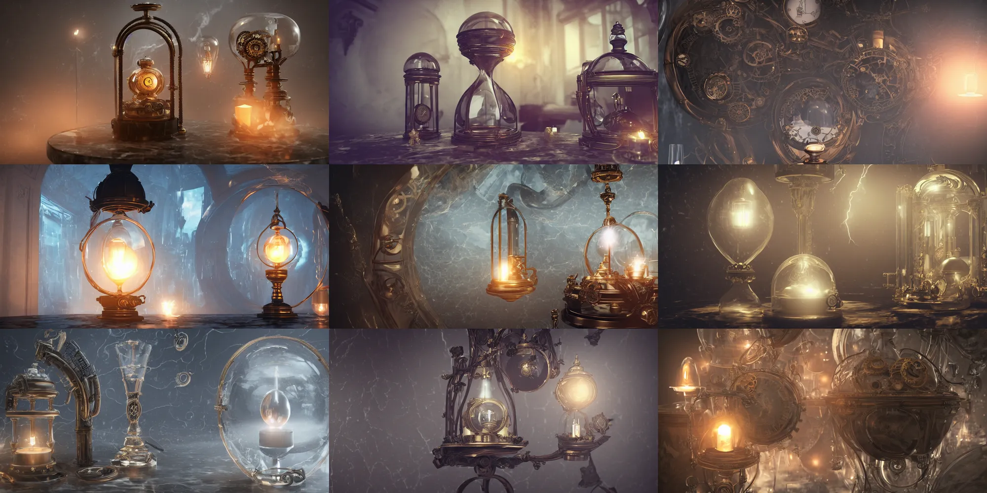 Prompt: steampunk vr headset inside a marble, hourglass, lightning, intricate detail, volumetric lighting, epic composition, hyper detailed, ultra realistic, sharp focus, octane render, candle, volumetric, ray tracing, artstation trending, cgsociety, sense of awe, swirling mist, 4 k