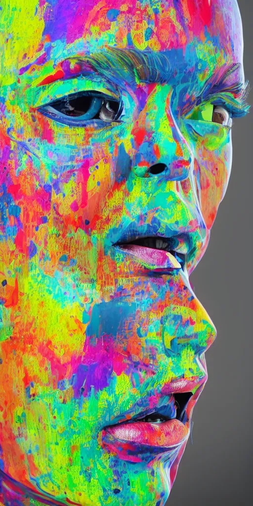 Prompt: thick technicolor paint oozes over the face of robot