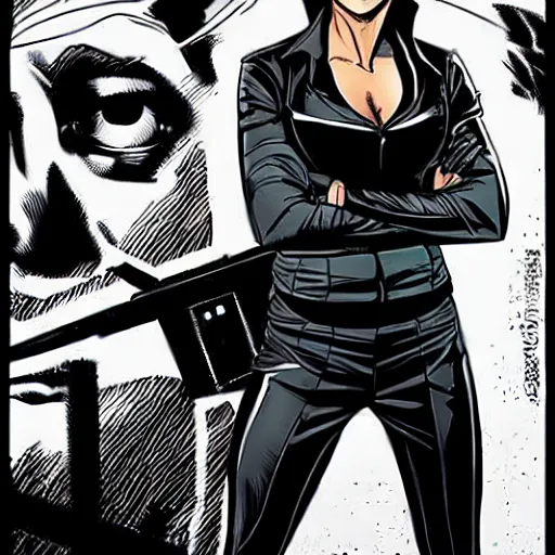 Image similar to Rafael Albuquerque comic art, Adrianne Palicki as a Russian spy, black outfit, smirk, fun pose, hair pulled back symmetrical face, symmetrical eyes, realistic face