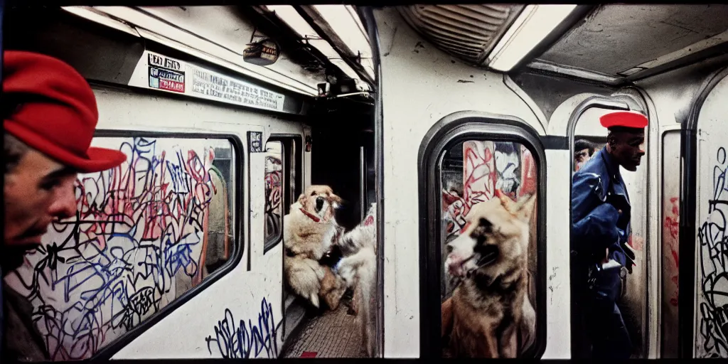 Image similar to new york subway cabin 1 9 8 0 s inside all in graffiti, policeman with the dog closeup, black guy in a red beret, coloured film photography, christopher morris photography, bruce davidson photography