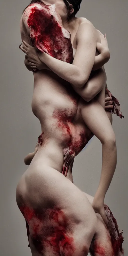 Prompt: passion, desire, the end of an organism, beautiful human bodies in a loving embrace, cloth simulation, abstract fabrics, ephemeral, aggression