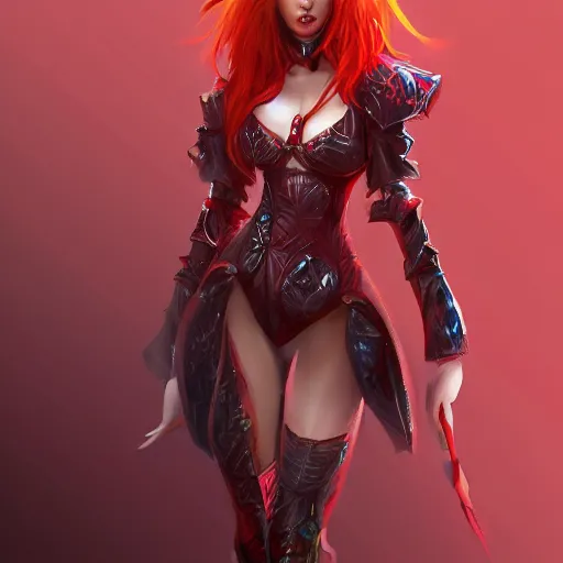 Prompt: a woman wearing a complicated outfit, full body shot, red hair, highly detailed, digital painting, artstation, concept art, smooth, sharp focus, illustration