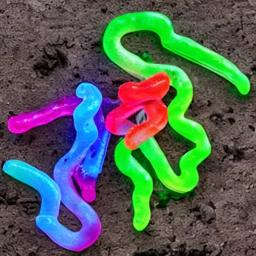 Prompt: corpse grave with neon gummy worms