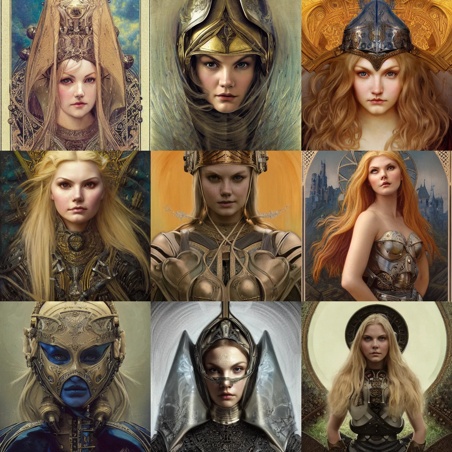 Prompt: masterpiece head-on symmetrical centered portrait, Elisha Cuthbert as a medieval knight, blonde hair, steel armour, art nouveau, gothic, victorian, elegant, distant, in the style of Edgar Maxence and Ross Tran and Zdzisław Beksiński and Michael Whelan and Mucha and Gustave Doré, specular highlights, 8k, octane render