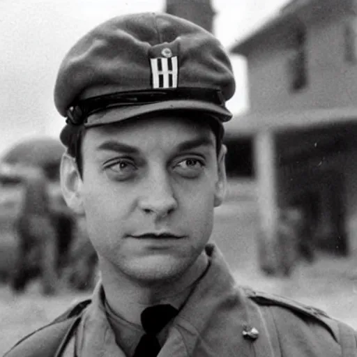 Image similar to tobey maguire dressed as a us ww 2 army soldier during the battle of midway, highly detailed, cinematic lighting, photorealistic