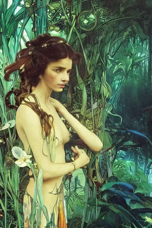 Image similar to realistic detailed portrait of bohemian girl in jungle by denis villeneuve, amano, yves tanguy, alphonse mucha, ernst haeckel, max ernst, roger dean, ridley scott, dynamic closeup