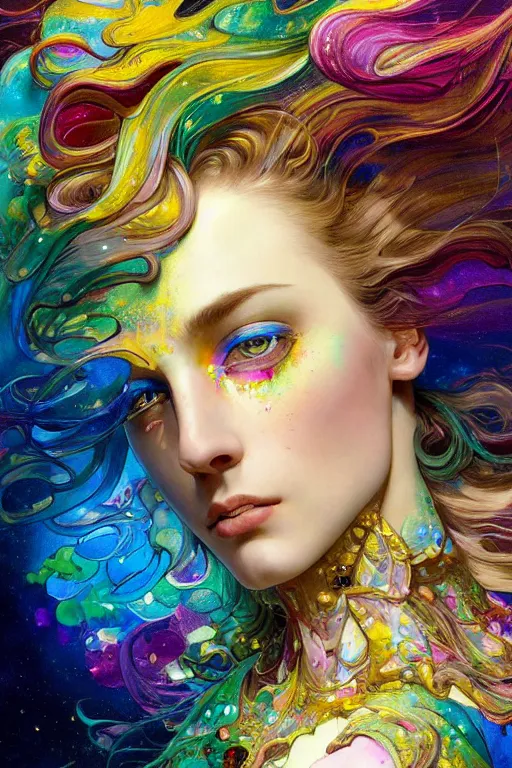 Image similar to modern portrait of triton, rainbow colours, splatter paint, dreamy and ethereal, golden ratio, peaceful expression, ornate frilly dress, fantasy, intricate, elegant, black background highly detailed, digital painting, artstation, concept art, smooth, b sharp focus, illustration, art by patrice murciano, artgerm and greg rutkowski and alphonse mucha