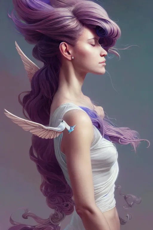 Image similar to 3 / 4 view of a portrait of woman with flowy hair, bird wings, confident pose, pixie, genshin impact,, intricate, elegant, sharp focus, illustration, highly detailed, concept art, matte, trending on artstation, bright colors, art by wlop and artgerm and greg rutkowski, marvel comics