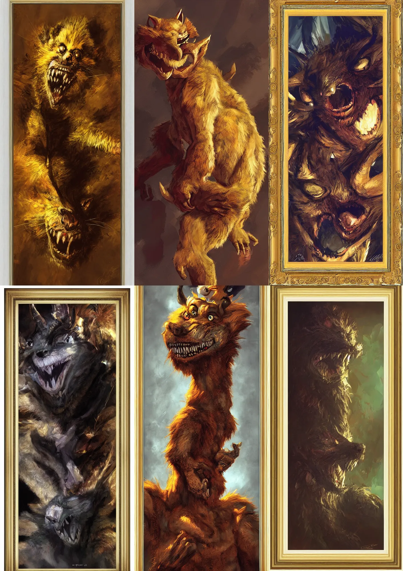 Prompt: portrait of monster furry by craig mullins and Don Bluth , dutch angle, gold Framed, 8k