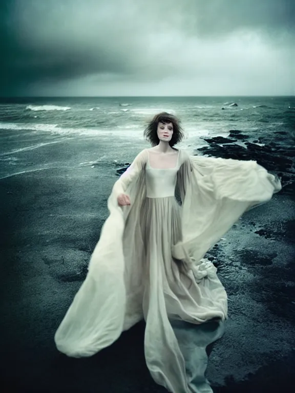 Prompt: cinestill 5 0 d photography of a woman britt marling 3 / 4 style of paolo roversi, dress in voile, hair like dark clouds floating on air, mute dramatic colours, soft blur outdoor stormy sea background, volumetric lighting, hyperdetailed, hyperrealistic