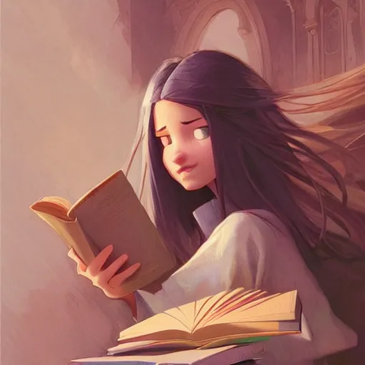 Image similar to a pixar girl reading a book, long hair flowing down, symmetrical, style of by Jordan Grimmer and greg rutkowski, crisp lines and color,