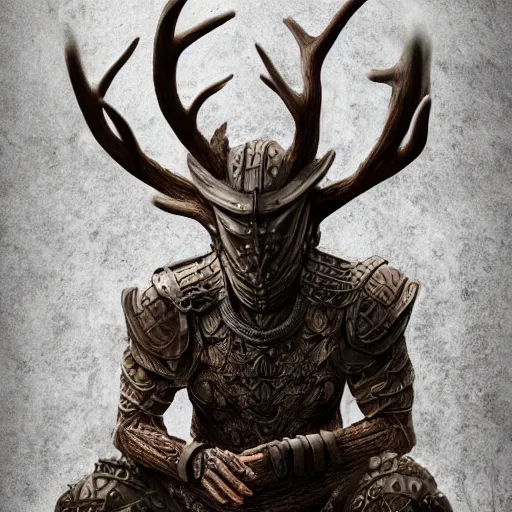 Image similar to warrior with surface of tree - bark, wearing stone wood vines antlers armor, sitting in lotus position, meditation, highly detailed, dramatic lighting, cinematic, sci - fi, hyperrealistic, detailed