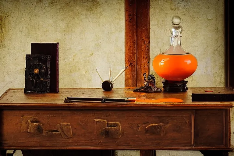 Prompt: office desk with a spilled glowing orange potion, 1 2 th century fantasy photograph