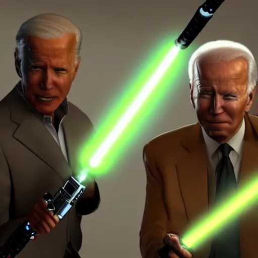 Image similar to donald trump wielding a lightsaber having a lightsaber battle with joe biden in the death star, dynamic lighting, highly detailed