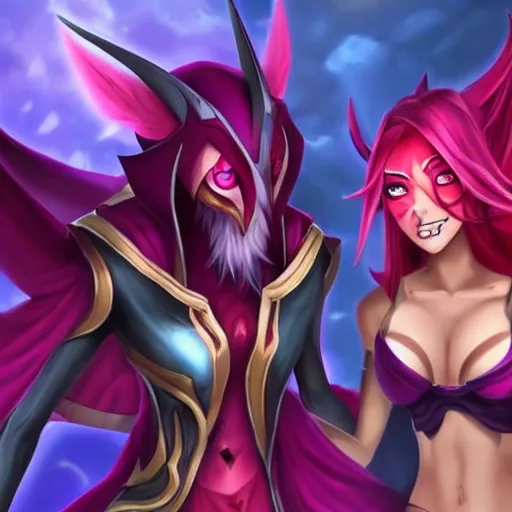 Image similar to league of legends, xayah and kai'sa pose together, best friends, funny, flirty, smiling, photo