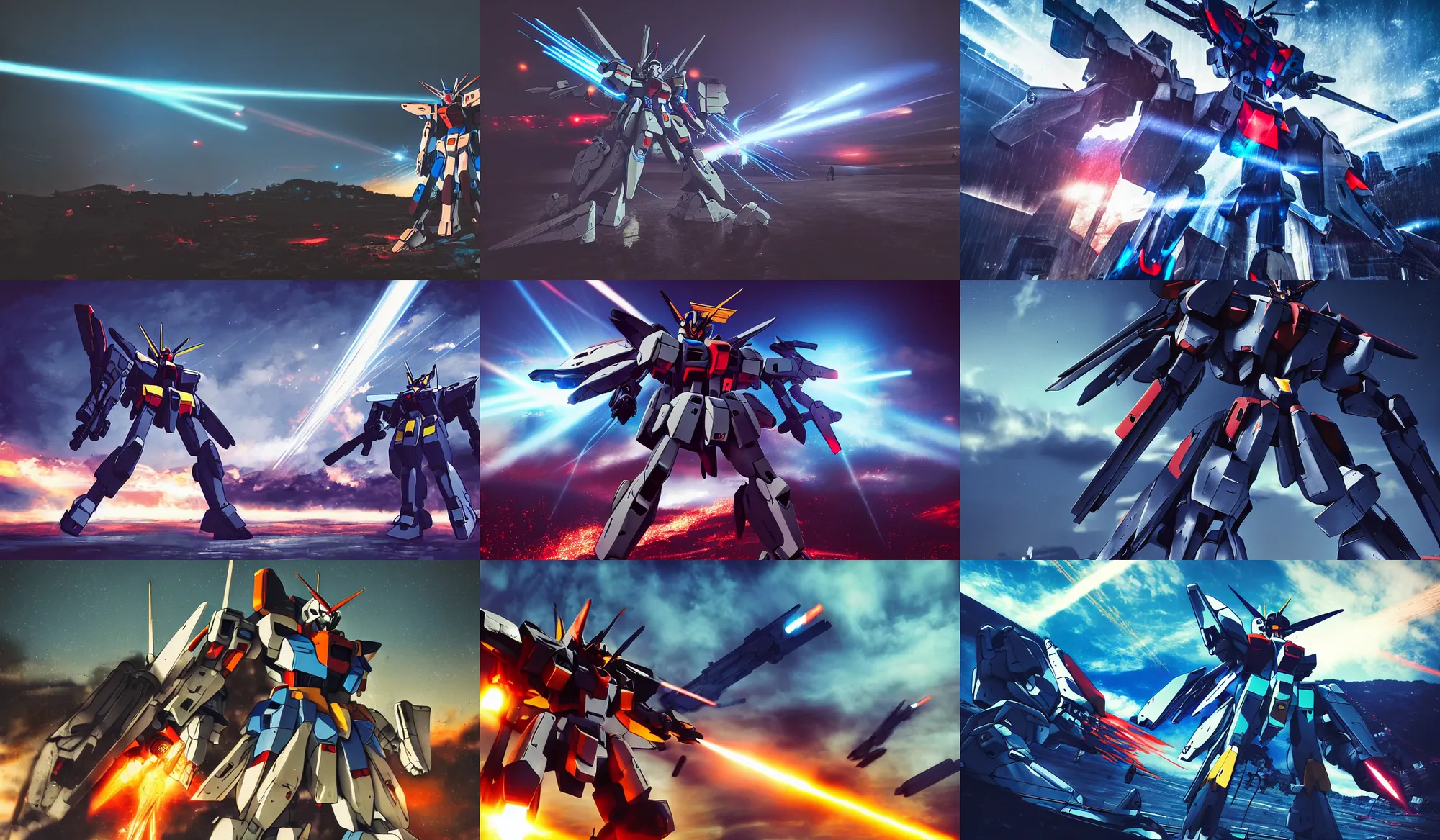 Prompt: a gundam as armored core v by liam wong, laser beam ; outdoor, pure blue sky, cloud, wilderness ground, golden time, twilight ; digital painting, dynamic contrast, bokeh, motion blur, photoreal, cinematic,