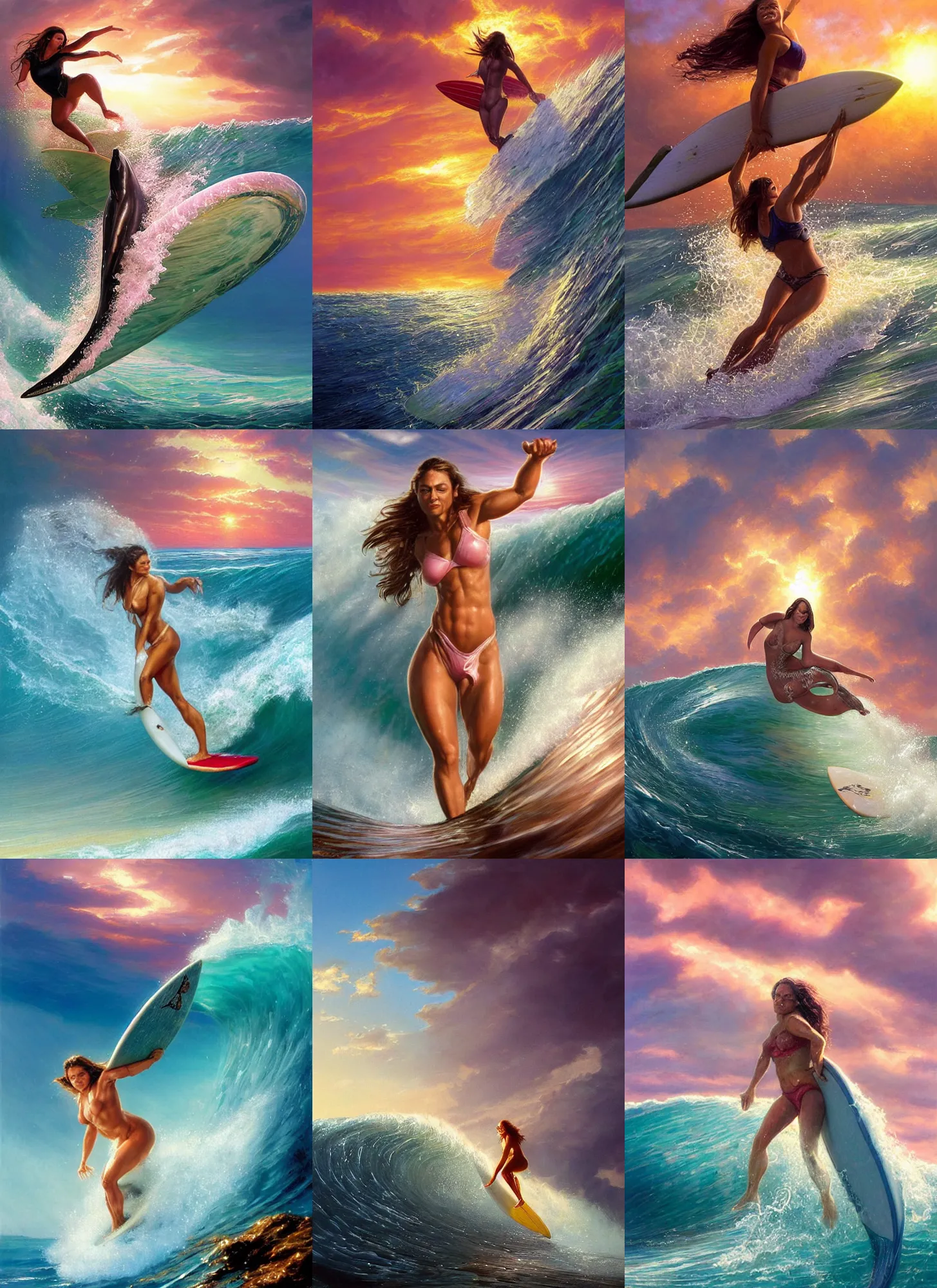 Prompt: epic portrait of muscled Mila Kunis surfing a dolphin on a big translucent wave, sun rays across sky, pink golden hour, stormy coast, intricate, highly detailed, shallow depth of field, tentacles in the distance, epic vista, Ralph Horsley, Daniel F. Gerhartz, Artgerm, Boris Villajo, Lilia Alvarado