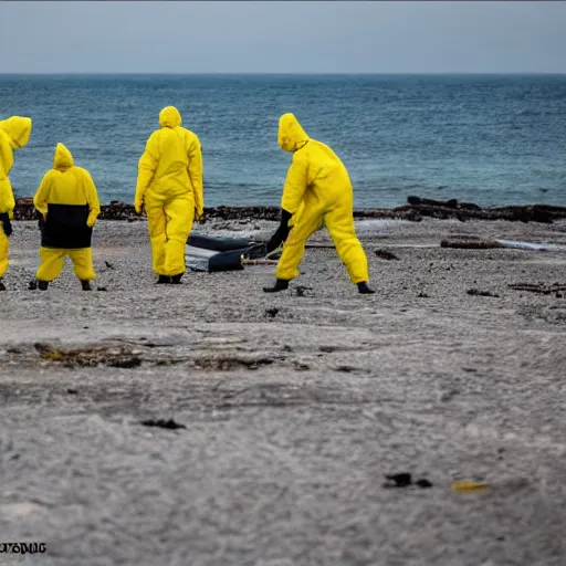 Image similar to Professional Photography, long shot, People in yellow chemical hazmat suits are investigating a huge creepy black creature washed up on the beach.