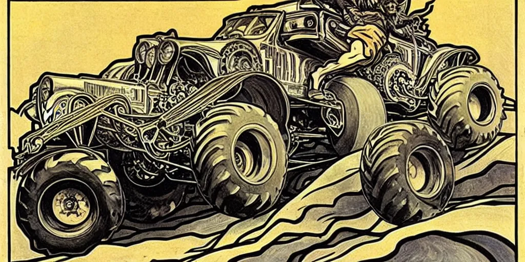 Image similar to monster truck rally, Alphonse Mucha