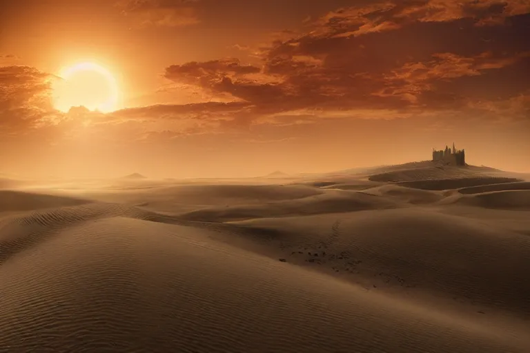 Image similar to single fantasy castle in foreground in the desert sands with rolling sand dunes in the background and a scorching sun moving through the cloudless sky, illustrated by Greg Rutkowski and Gaston Bussiere, 35mm lens, beautiful macro close-up imagery, intense hot lighting, beautiful volumetric-lighting-style atmosphere