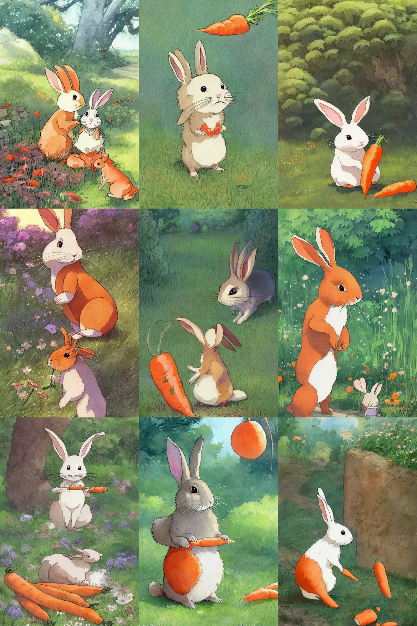 Prompt: a happy rabbit eating a carrot in the garden, studio Ghibli, picture book cover illustration, Pixar and Disney animation, sharp, watercolor by Greg Rutkowski