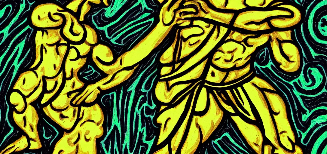 Prompt: an abstract spiritual background, a multiracial greek god dancing with mortals, green eyes. high contrast lines, great detail. 2 4 mm, photorealistic, saturated color scheme