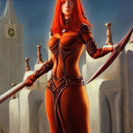 Image similar to female redhead templar, by gerald brom