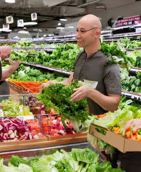 Image similar to a bald man gestures to a display of'suddenly salad'boxes at the end cap inside a supermarket