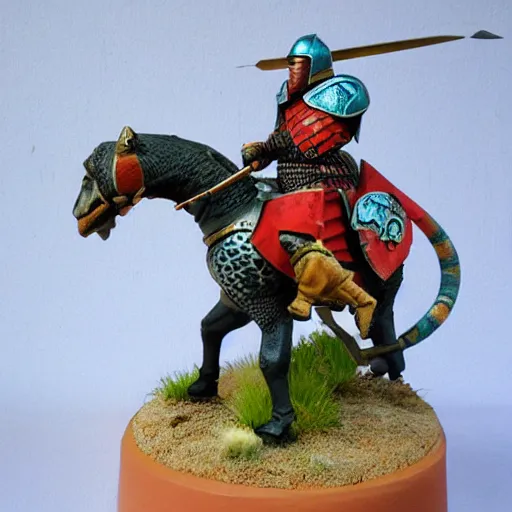 Prompt: A medieval knight riding on a giant leopard gecko, painted wargaming miniature